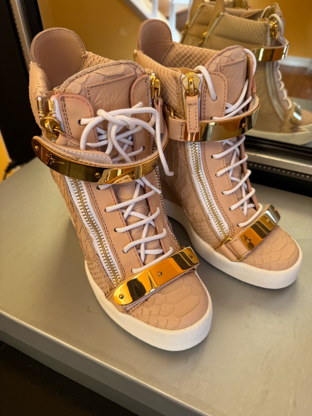 Giuseppe Zanotti Blush Pink High-Top Sneakers with Gold Hardware